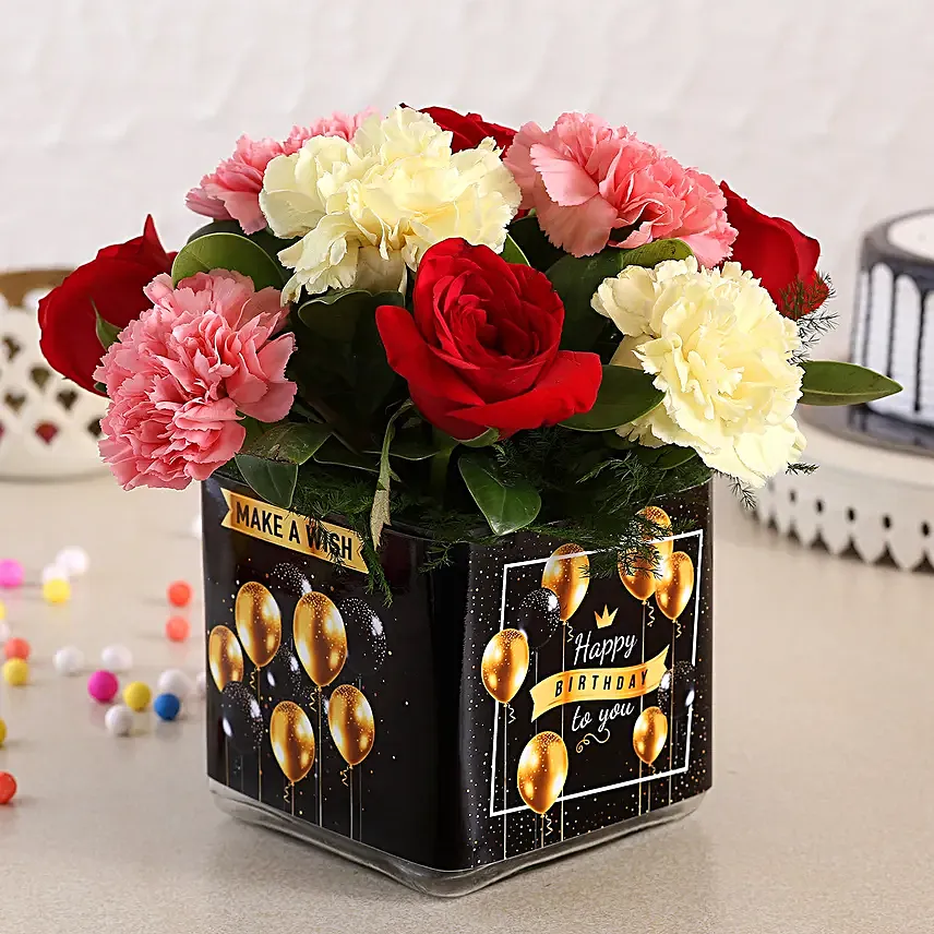 Carnations and Roses In Black Happy Bday Vase