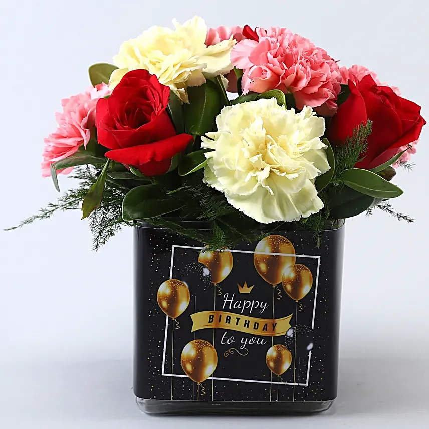 Carnations and Roses In Black Happy Bday Vase