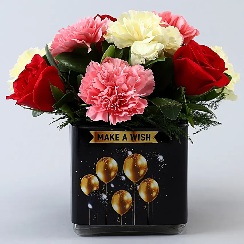 Carnations and Roses In Black Happy Bday Vase