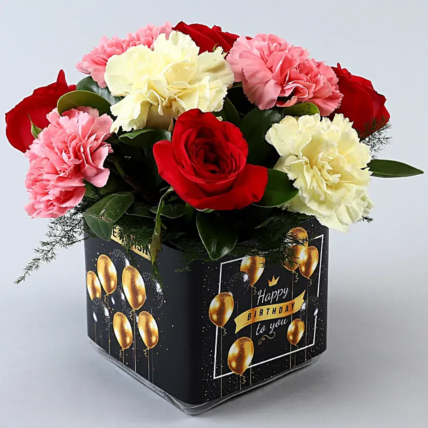 Carnations and Roses In Black Happy Bday Vase