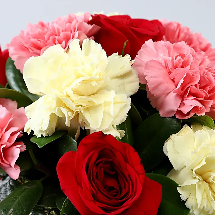 Carnations and Roses In Black Happy Bday Vase