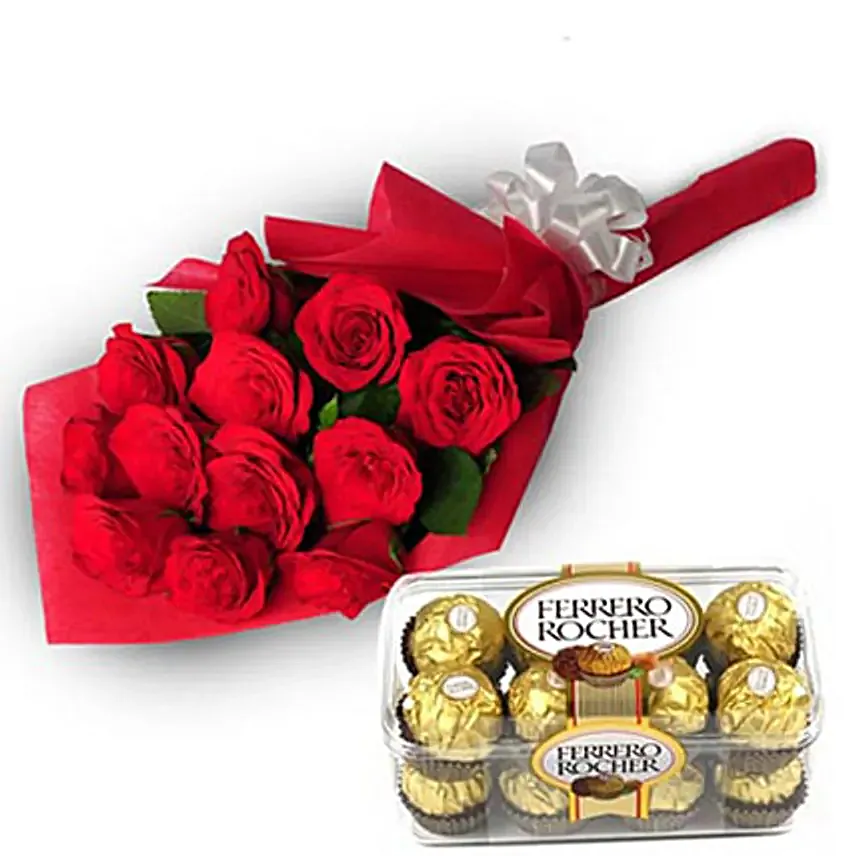 Charming Roses - Bunch of 12 Red Roses in paper packing with 200gm box of Ferrero Rocher Chocolate.