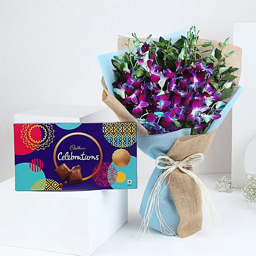 Chocolates N Blue Orchids Floral Gift