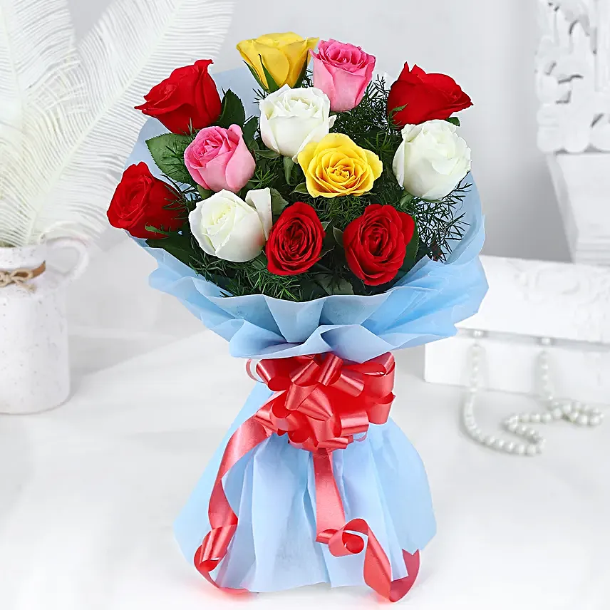 Colourful 12 Mixed Roses Bouquet