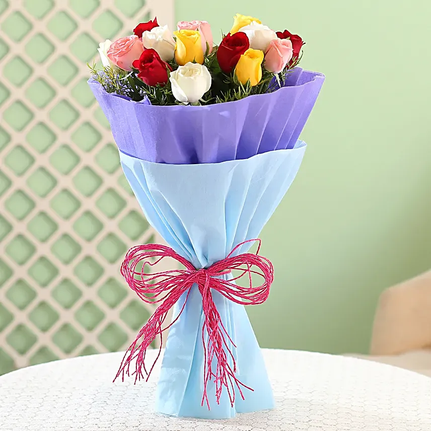 Bouquet of 6 red roses, 4 yellow roses, 5 white roses and 5 pink roses