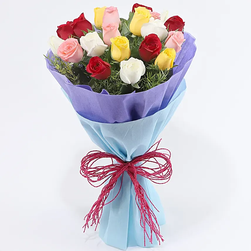 Bouquet of 6 red roses, 4 yellow roses, 5 white roses and 5 pink roses