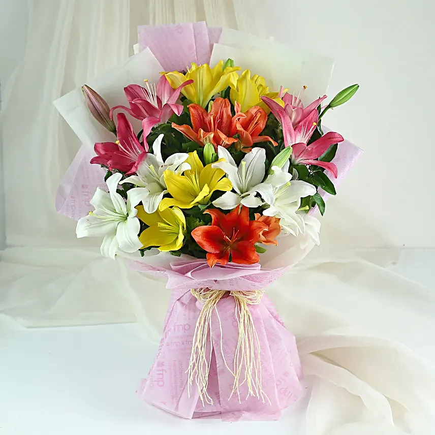 Colours Of Love - Bunch of 8 colorful asiatic lilies in yellow paper packing.