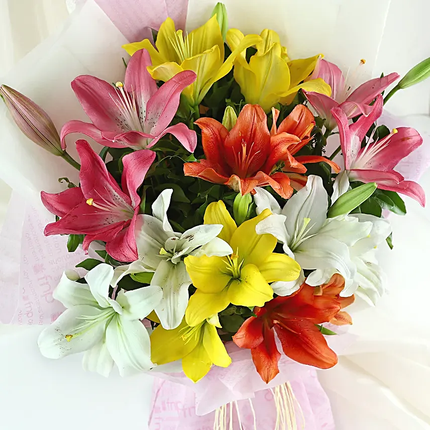 Colours Of Love - Bunch of 8 colorful asiatic lilies in yellow paper packing.