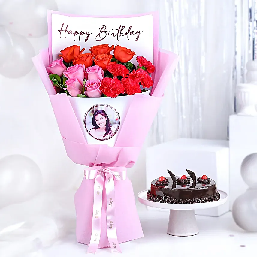 Customized Birthday Photo Bouquet with Truffle Cake