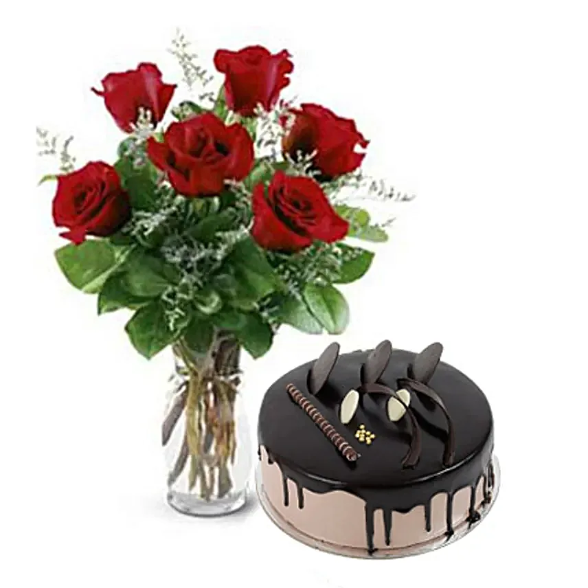 Cute Love - 6 red roses in a glass vase with 500gm chocolate cake.