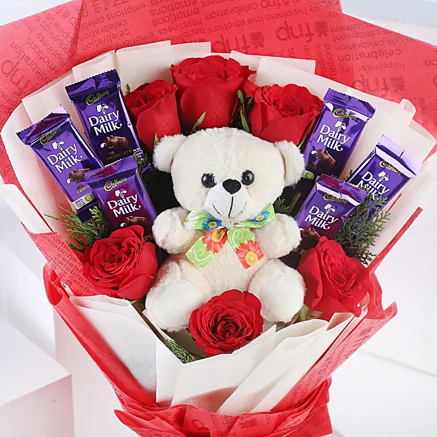 Divine Love - Bunch of 6 Red Roses with 6inch cute Soft & 5 Cadbury . gifts