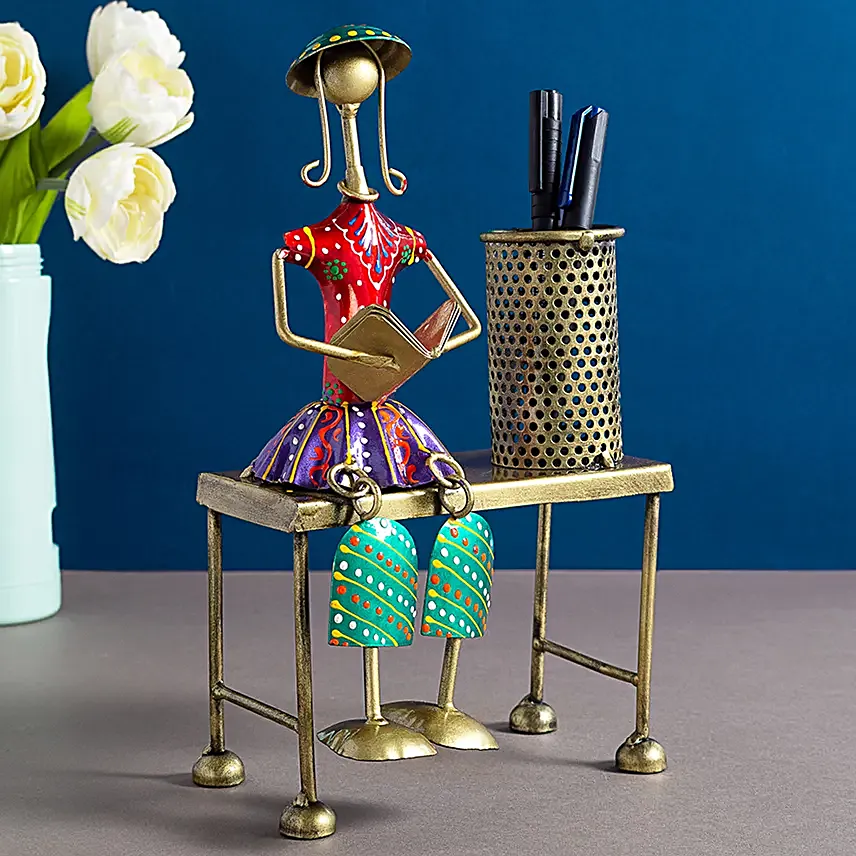 Doll Figurine Desk Pen Stand Red & Green