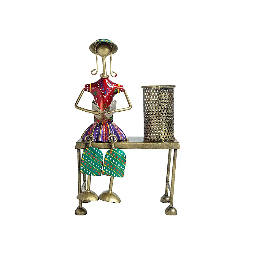 Doll Figurine Desk Pen Stand Red & Green