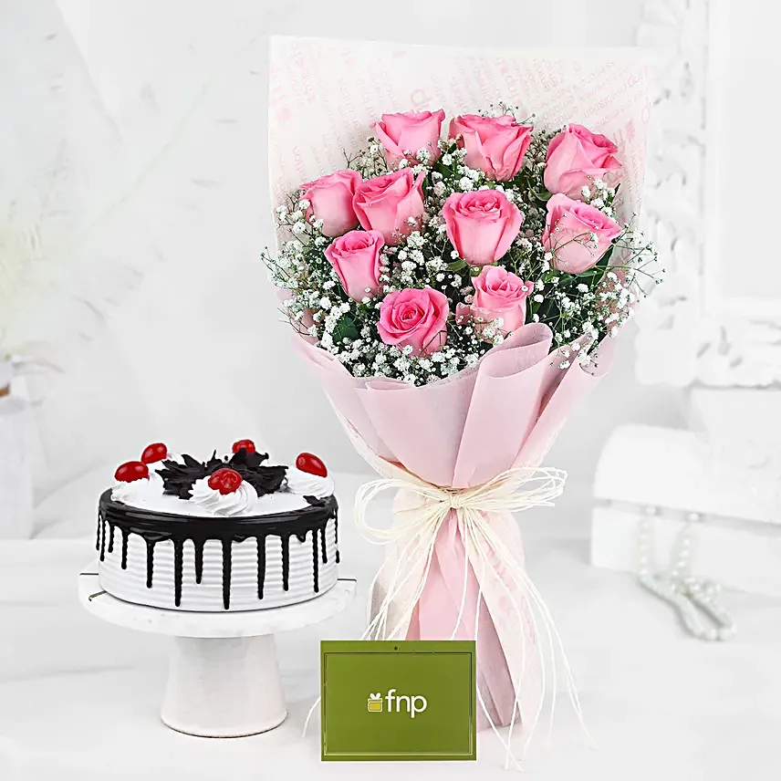 Dreamy Pink Roses Bouquet Black Forest Cake