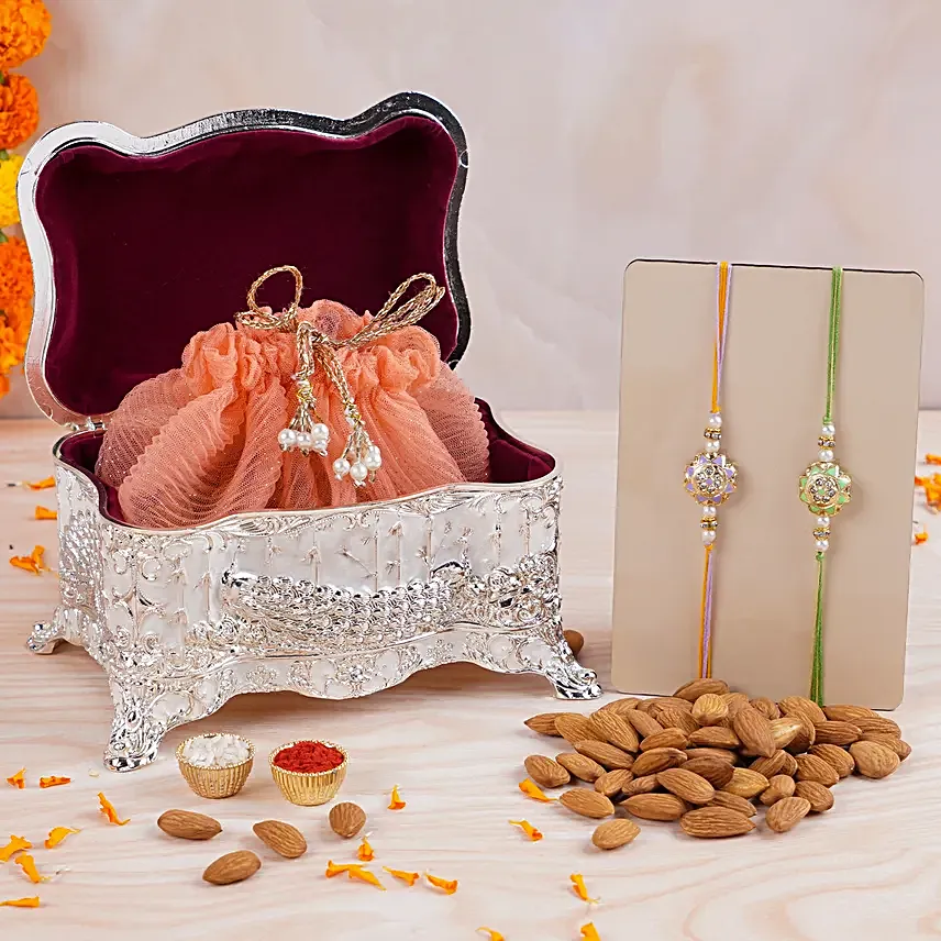 Dwiraj Ratna Meenakari Rakhis N Almonds Silver Box