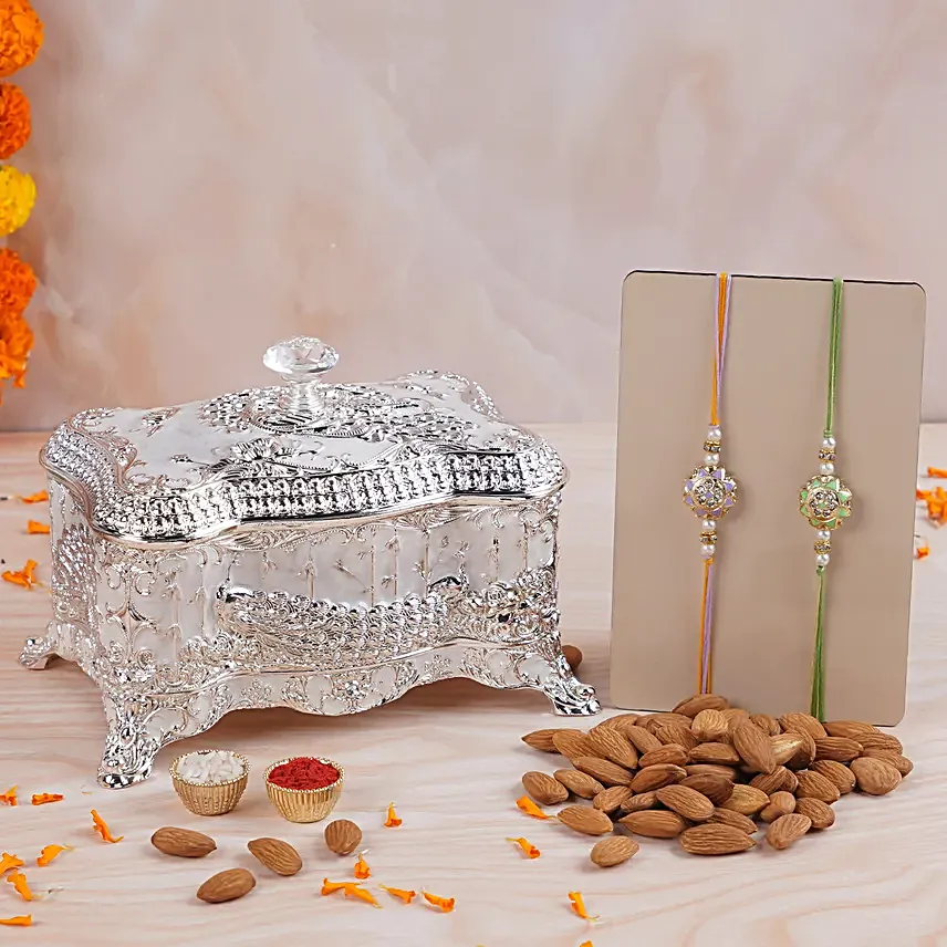 Dwiraj Ratna Meenakari Rakhis N Almonds Silver Box