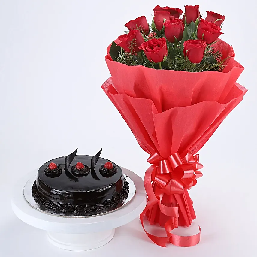 Eggless Chocolate Truffle Cake & Red Roses Bouquet