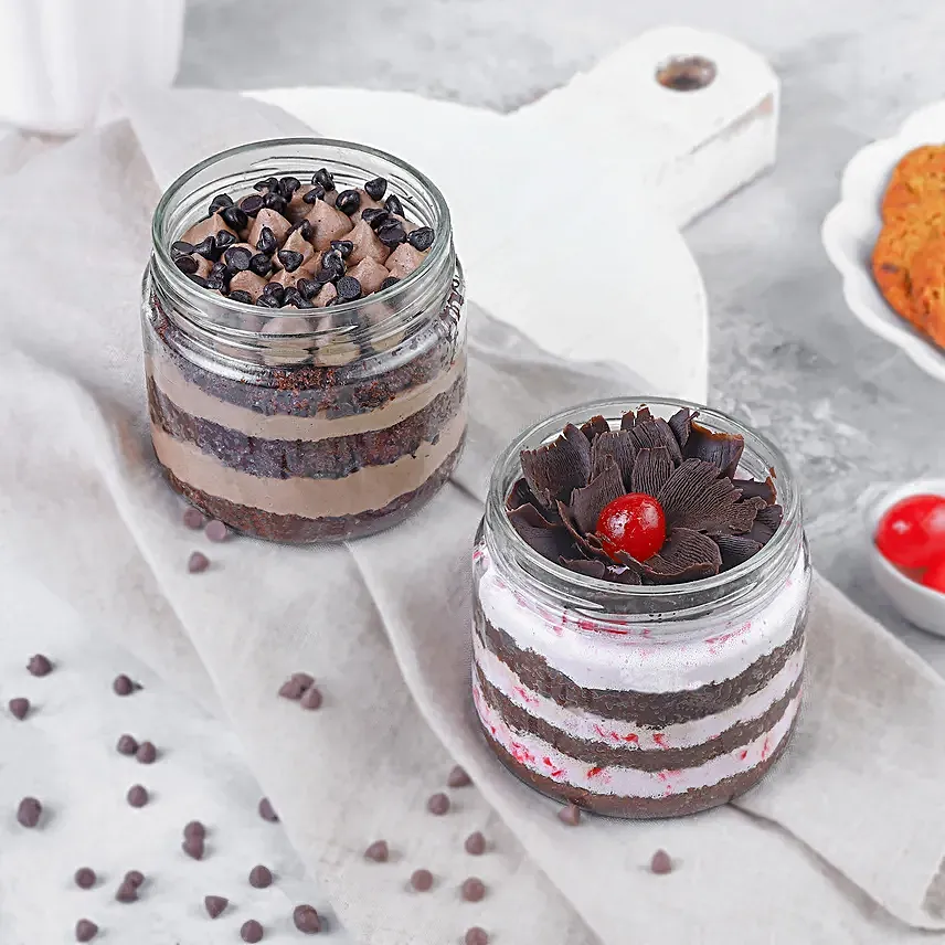 Eggless Decadent Duo of Choco Chip N Black Forest Jar Cakes