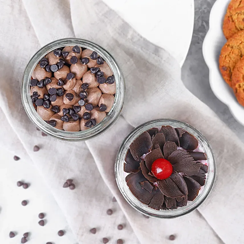 Eggless Decadent Duo of Choco Chip N Black Forest Jar Cakes