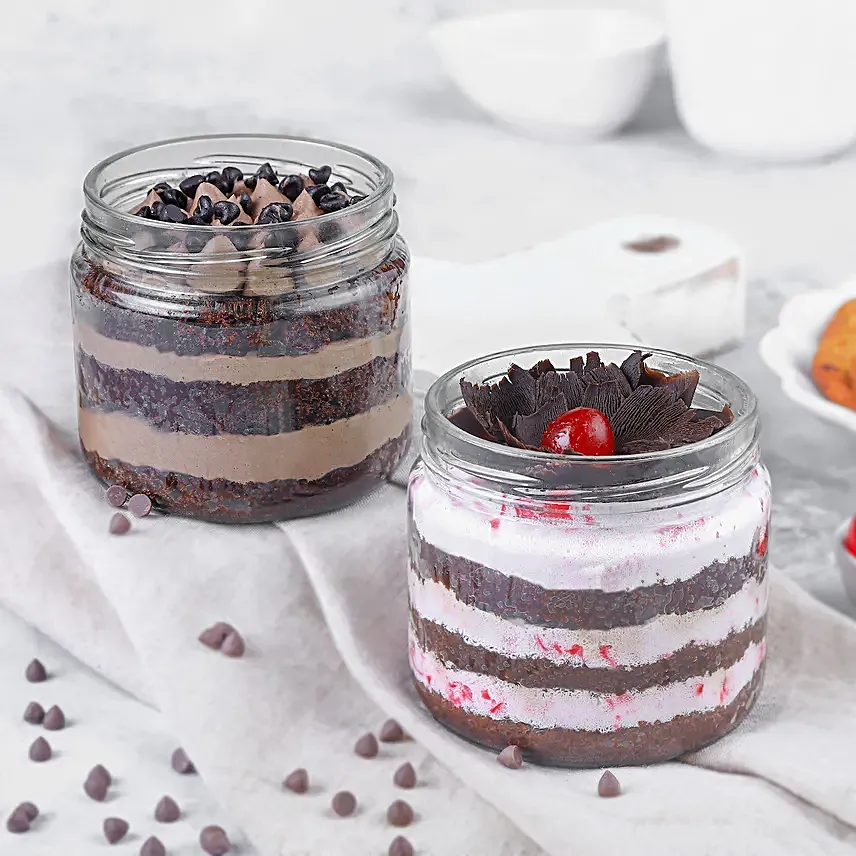 Eggless Decadent Duo of Choco Chip N Black Forest Jar Cakes