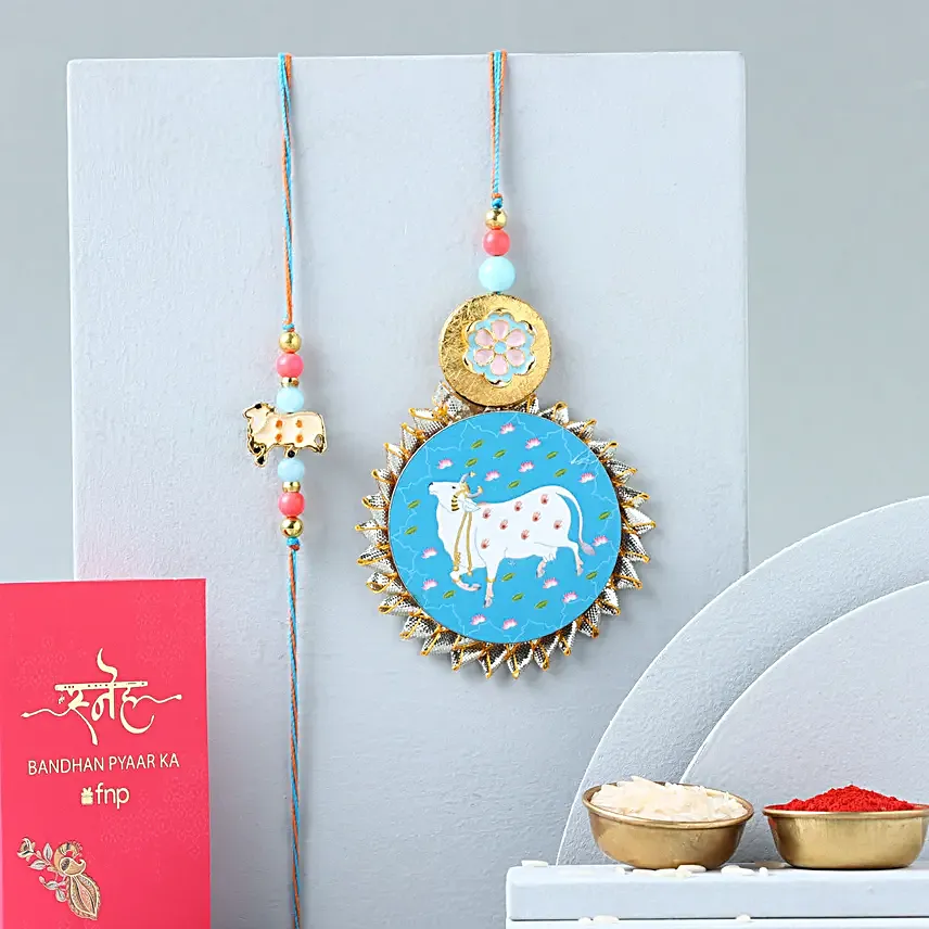 Elegant Pichwai Lumba Rakhi Set