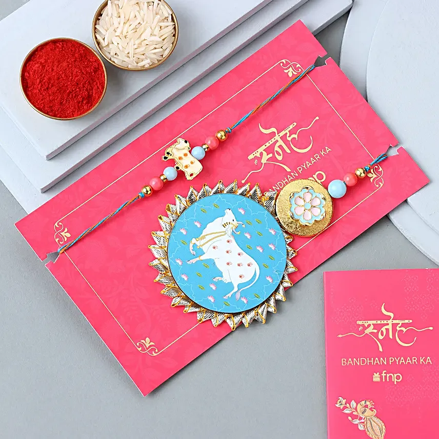 Elegant Pichwai Lumba Rakhi Set