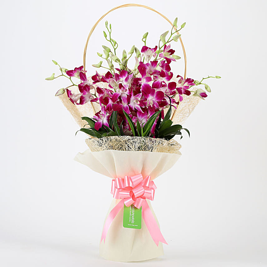 Simply Sweet - Bunch of 6 Blue or Purple Orchids in a jute packing flowers