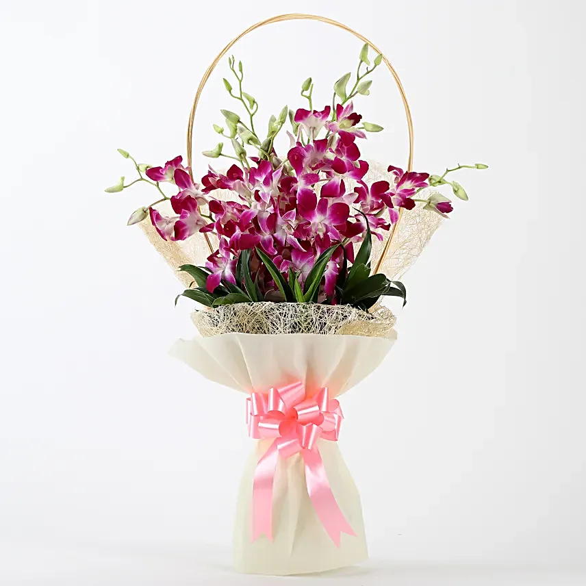 Simply Sweet - Bunch of 6 Blue or Purple Orchids in a jute packing flowers