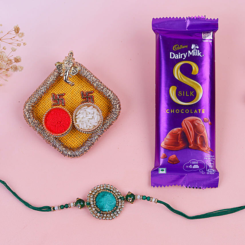 Embellished Rakhi N Pooja Thali With Silk Chocolate