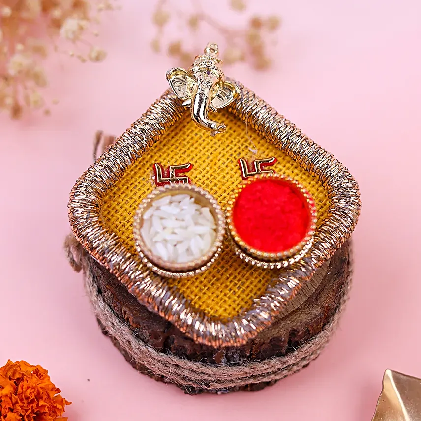 Embellished Rakhi N Pooja Thali With Silk Chocolate