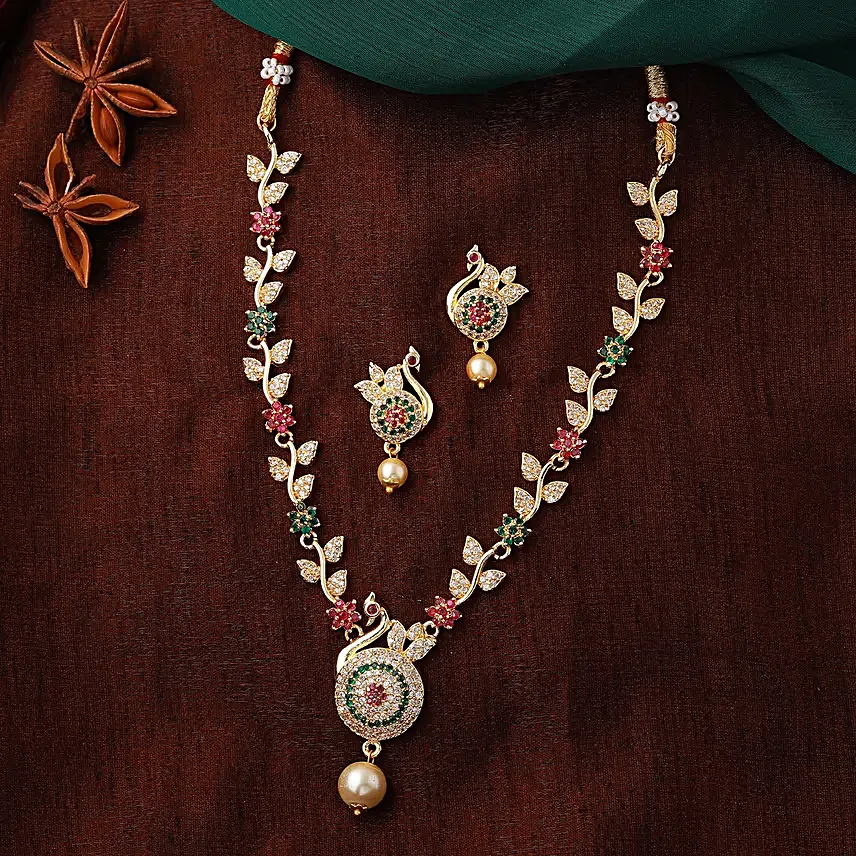 Estele Pearl Embellished Peacock Necklace Set