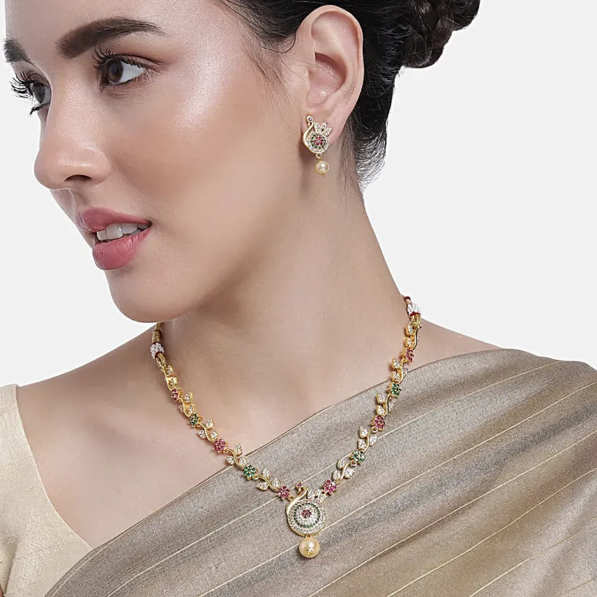 Estele Pearl Embellished Peacock Necklace Set