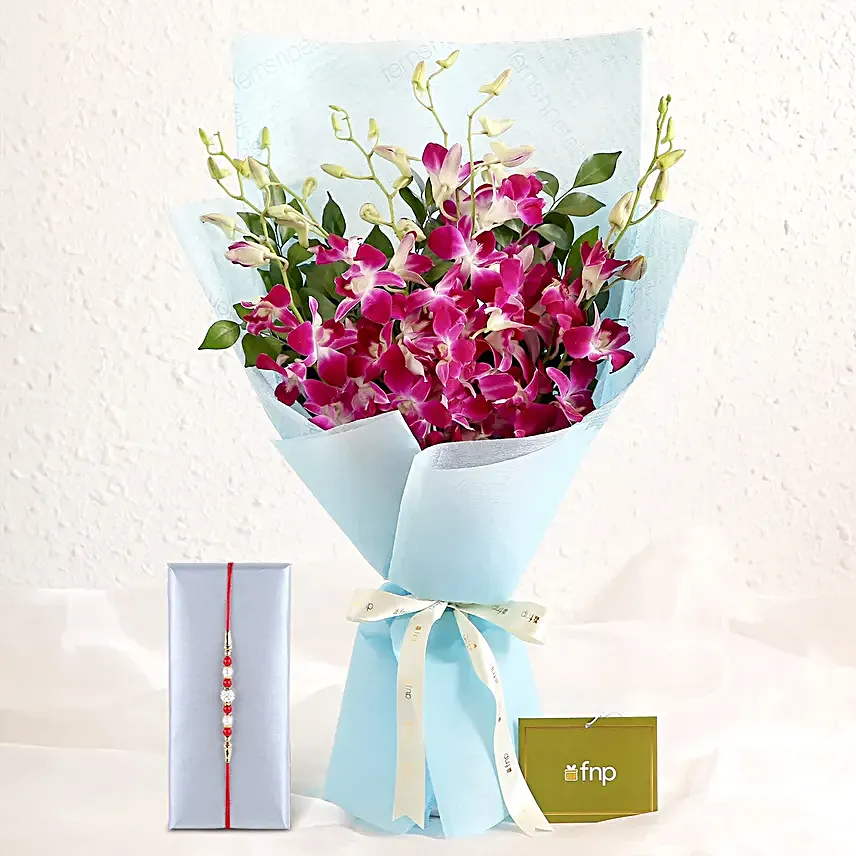 Ethnic Pearl Rakhi N Orchids Beauty Bouquet