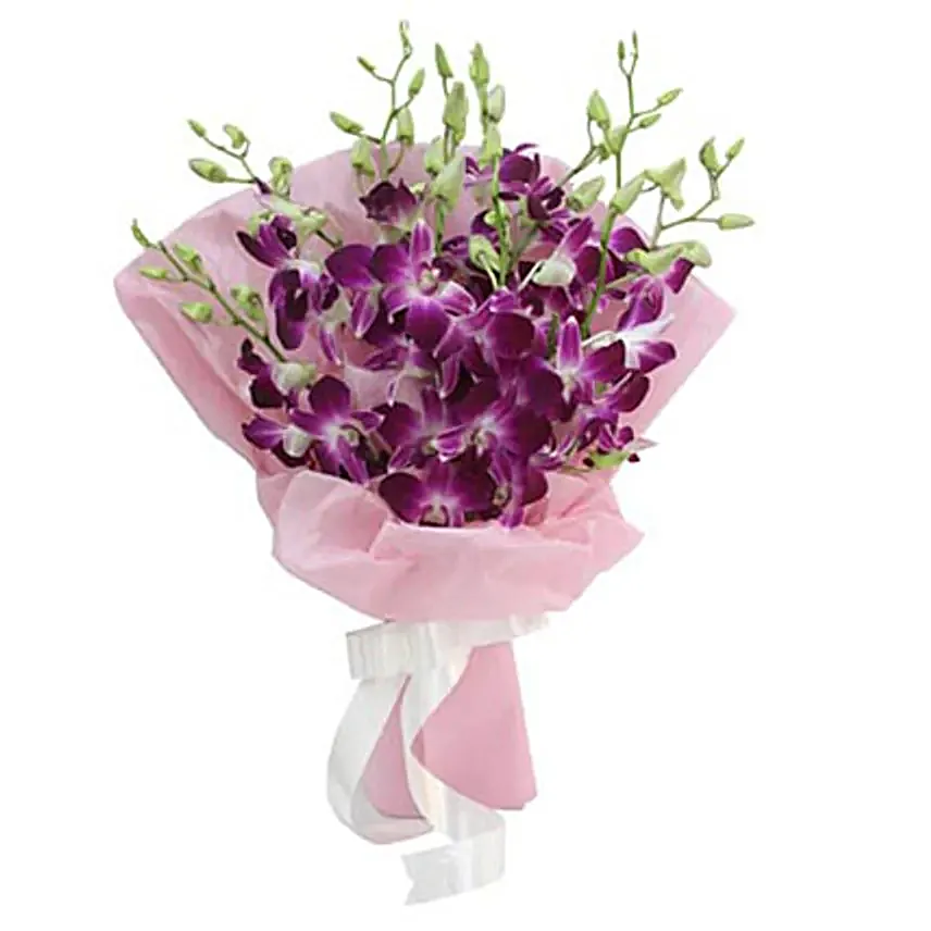 Exotic Beauty - Bunch of 9 purple Orchids in pink paper packing.