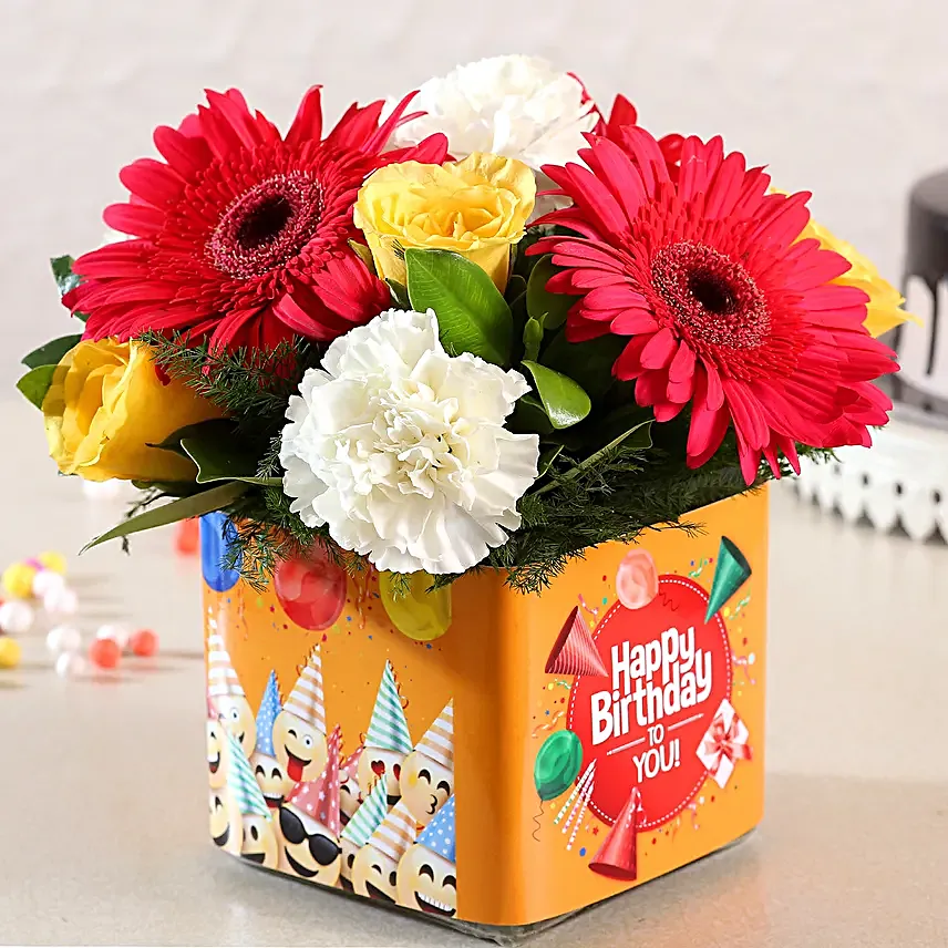 Exotic Mixed Flowers In Orange Bday Vase