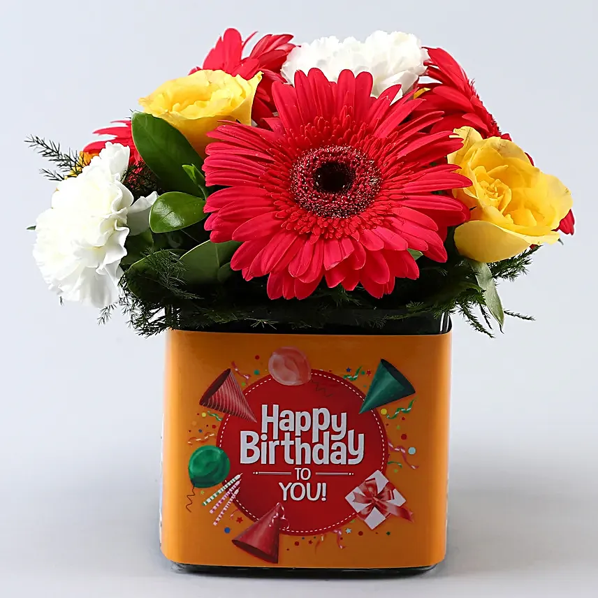 Exotic Mixed Flowers In Orange Bday Vase