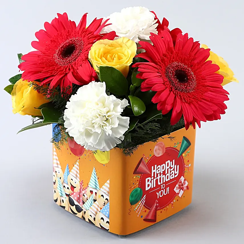 Exotic Mixed Flowers In Orange Bday Vase