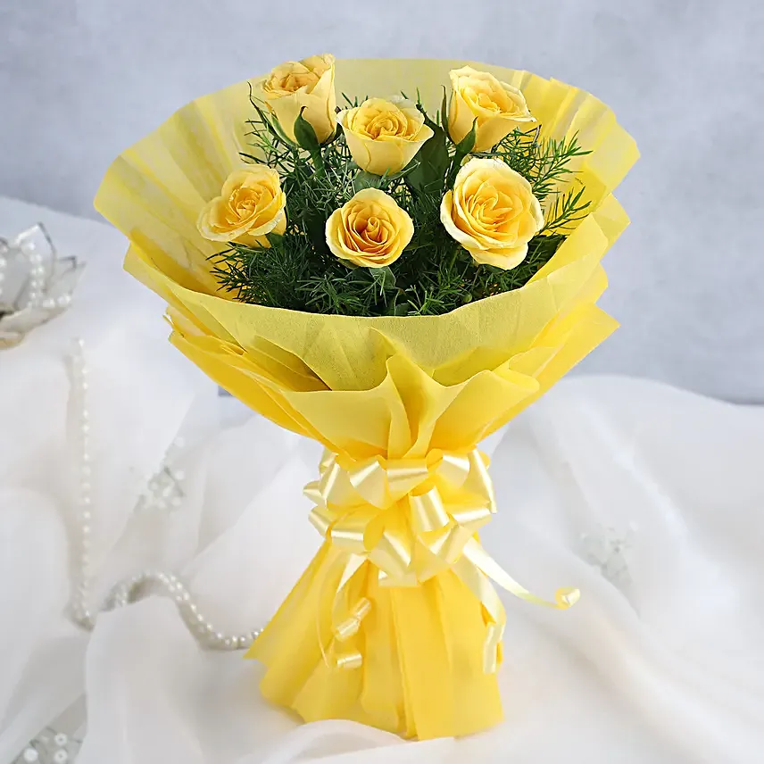 Flower Hamper N Greeting Card - Bunch of 6 Yellow Roses, 119gms Celebration Pack with Greeting Card.