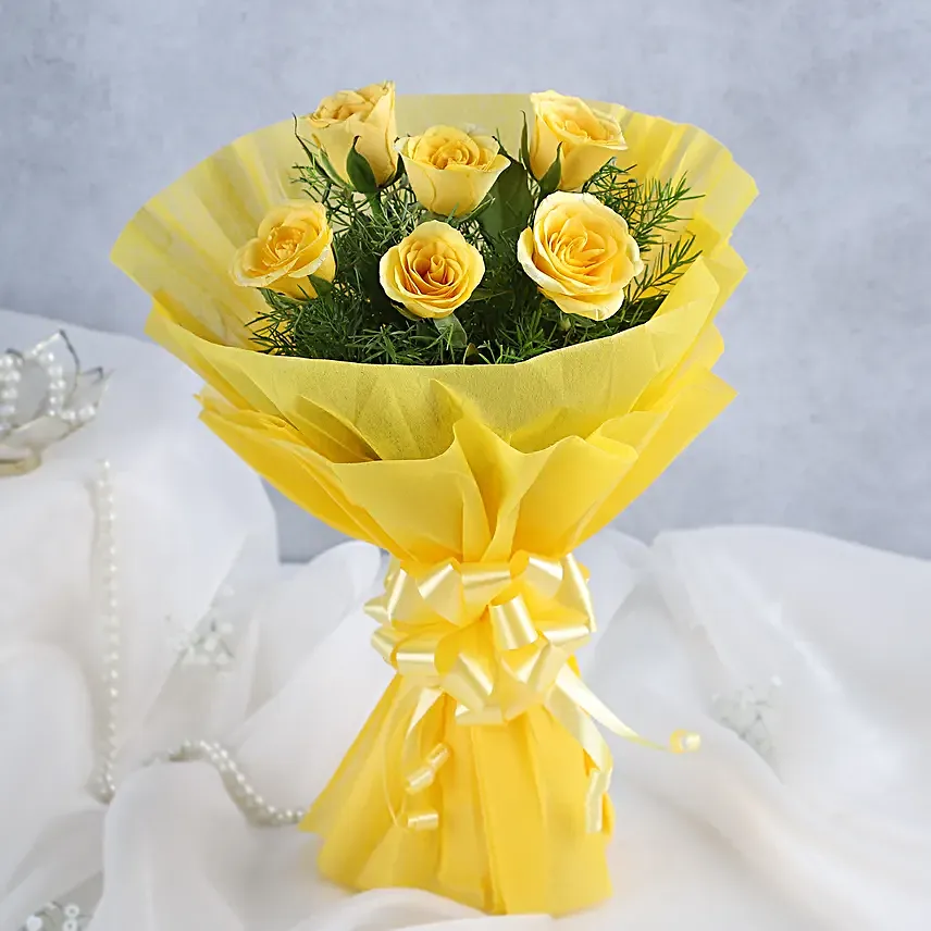 Flower Hamper N Greeting Card - Bunch of 6 Yellow Roses, 119gms Celebration Pack with Greeting Card.