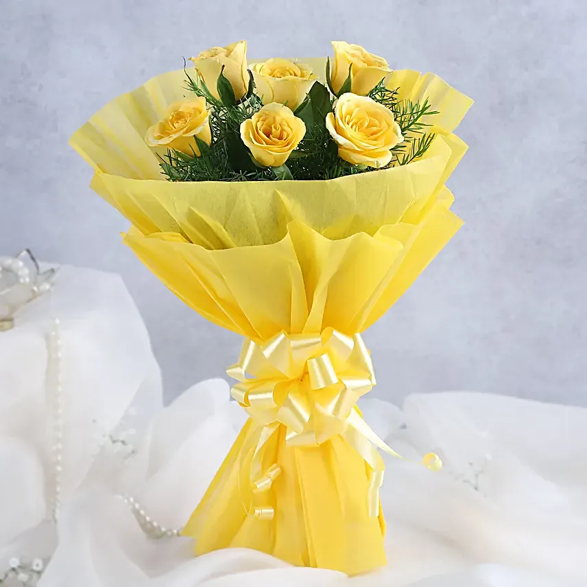 Flower Hamper N Greeting Card - Bunch of 6 Yellow Roses, 119gms Celebration Pack with Greeting Card.