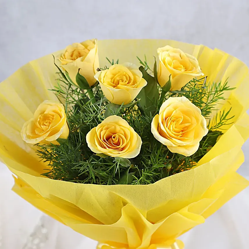 Flower Hamper N Greeting Card - Bunch of 6 Yellow Roses, 119gms Celebration Pack with Greeting Card.