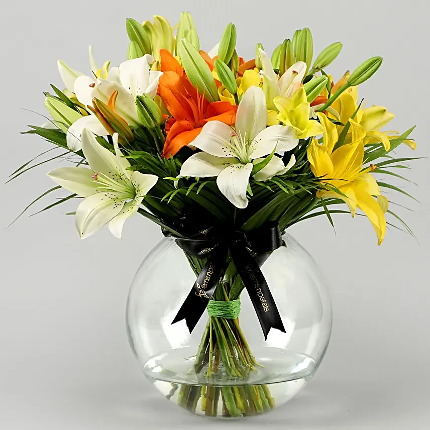 Fragrant Mix Of Lilies In Fishbowl Vases