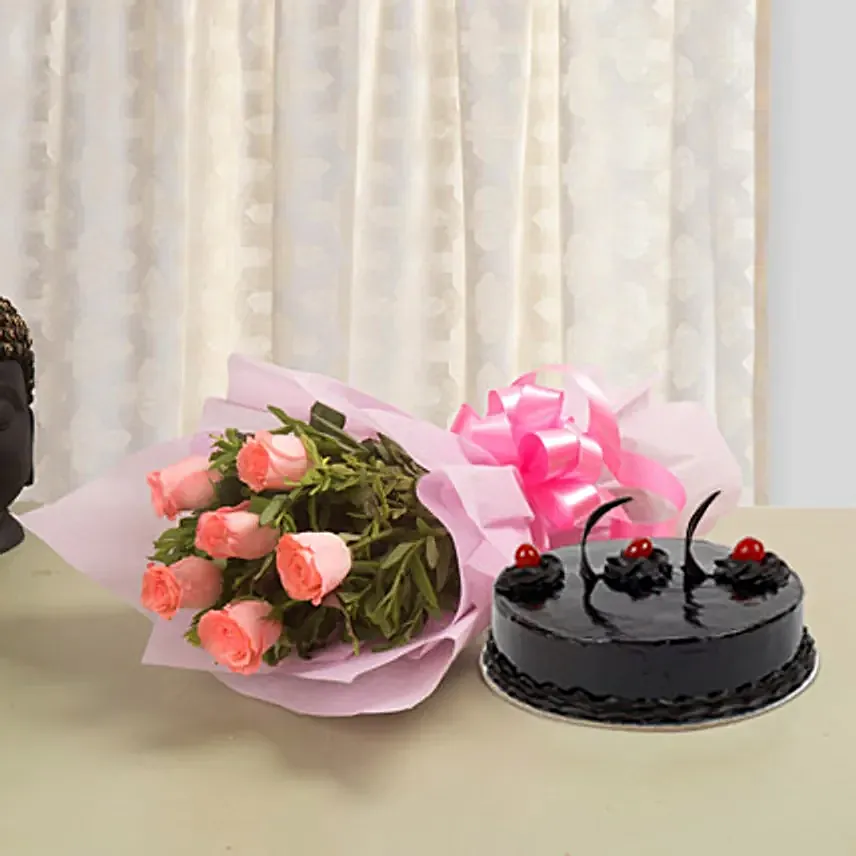 From The Heart - Bunch of 6 Pink Roses with 500gm Chocolate Cake.
