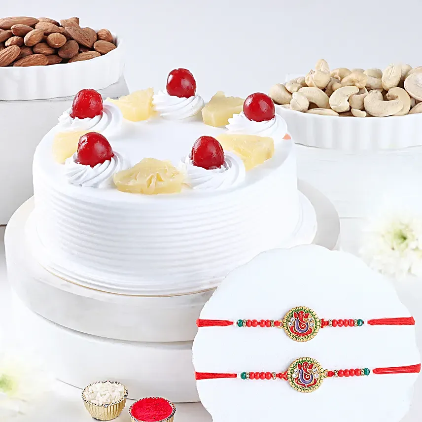 Ganesha Blessings Rakhi Set N Tropical Pineapple Cake