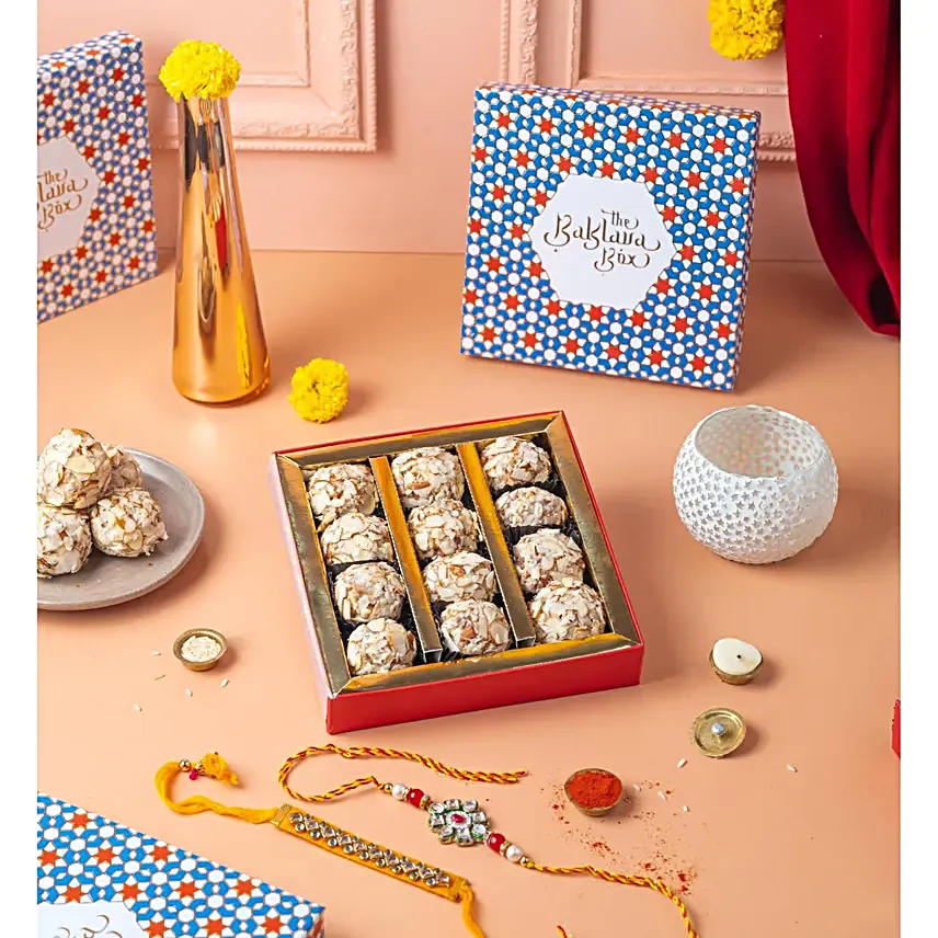 Handcrafted Kundan Rakhi Set N Almond Truffle Delights