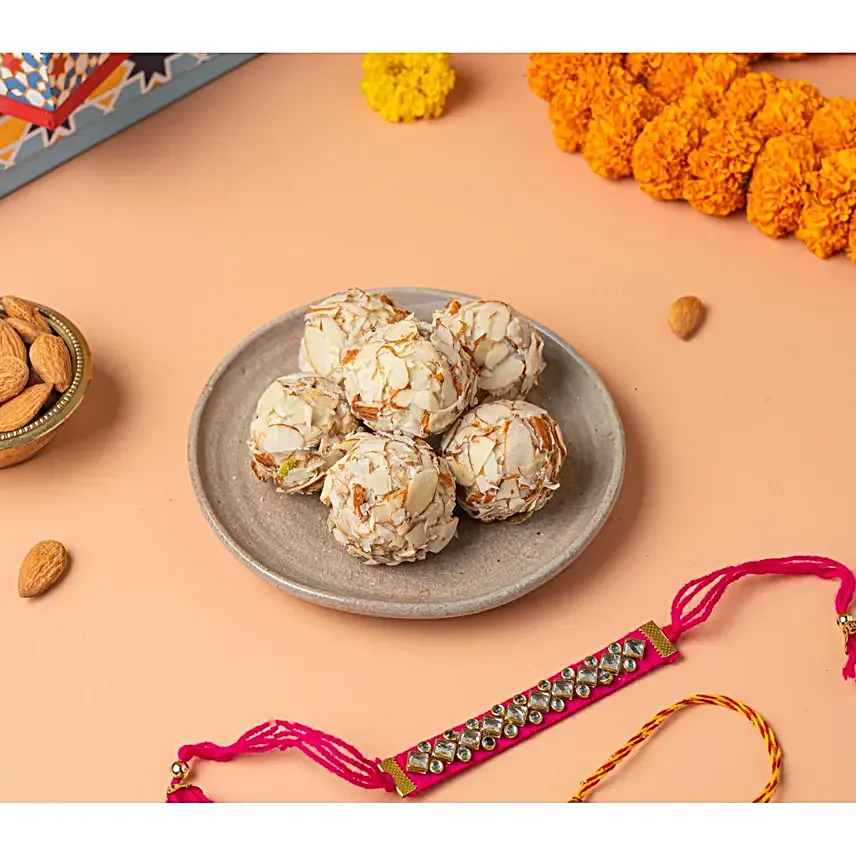 Handcrafted Kundan Rakhi Set N Almond Truffle Delights
