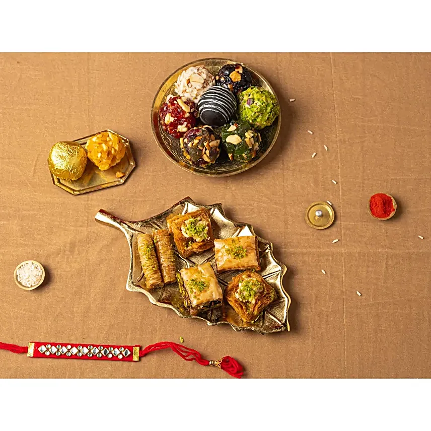Handcrafted Kundan Rakhi Set N Classic Baklava Box
