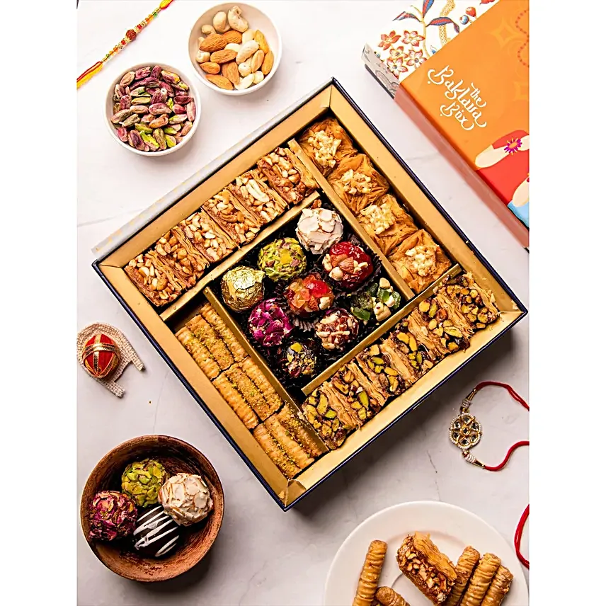 Handcrafted Kundan Rakhi Set N Classic Baklava Box