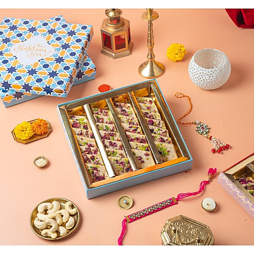 Handcrafted Kundan Rakhi Set N Kaju Rose Barfi