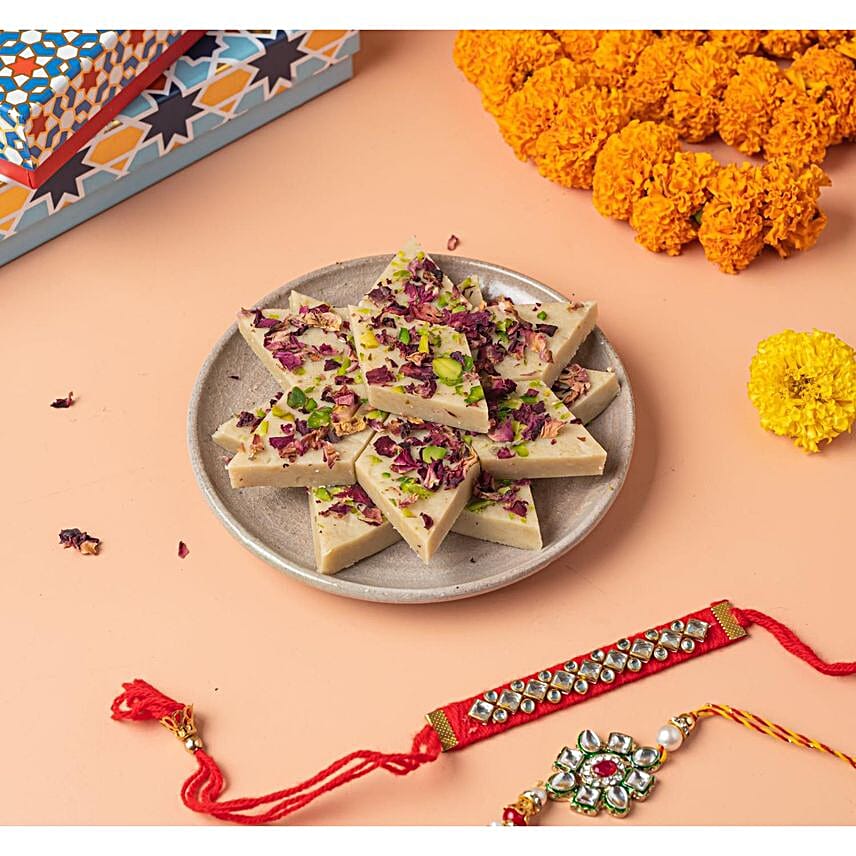 Handcrafted Kundan Rakhi Set N Kaju Rose Barfi